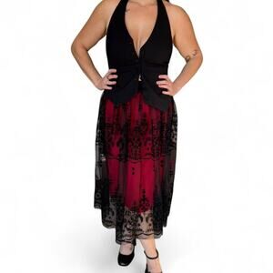 Black lace red gothic maxi skirt size small